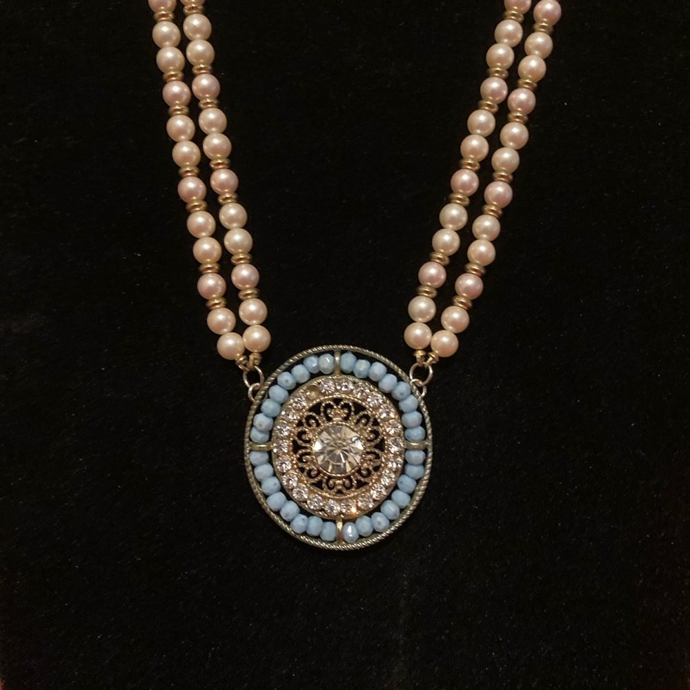Blue Crystal & Faux Pearl Statement Necklace